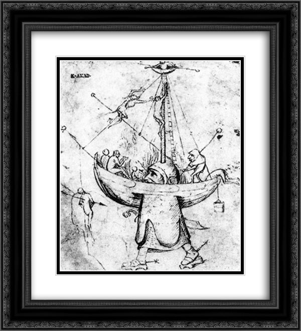 The Ship of Fools in Flames 20x22 Black Ornate Wood Framed Art Print Poster with Double Matting by Bosch, Hieronymus