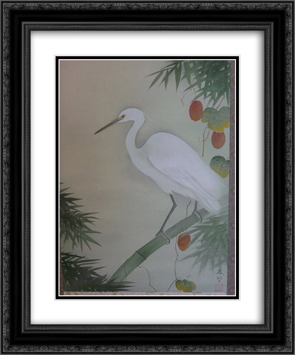 Egret Scroll 20x24 Black Ornate Wood Framed Art Print Poster with Double Matting by Shunso, Hishida