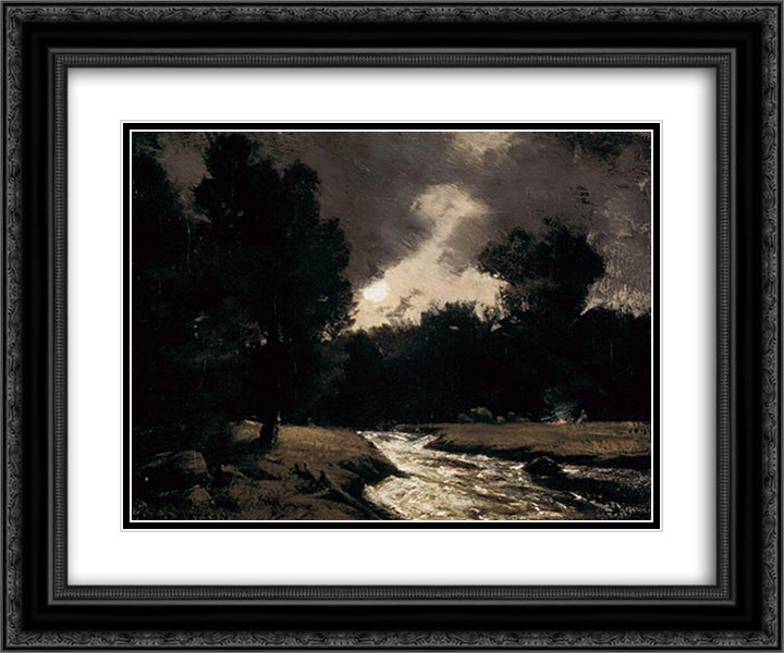 Rushing Stream by Moonlight 24x20 Black Ornate Wood Framed Art Print Poster with Double Matting by Watson, Homer