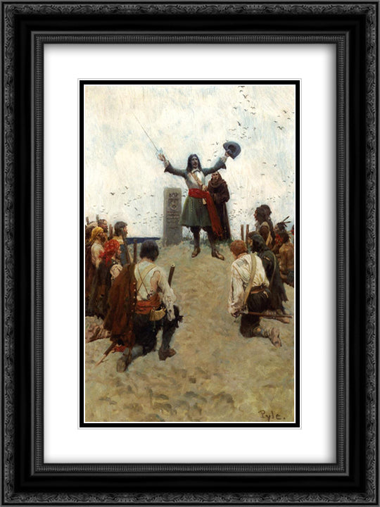 La Salle Christening the Country 'Louisiana' 18x24 Black Ornate Wood Framed Art Print Poster with Double Matting by Pyle, Howard