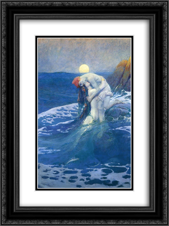 The Mermaid 18x24 Black Ornate Wood Framed Art Print Poster with Double Matting by Pyle, Howard