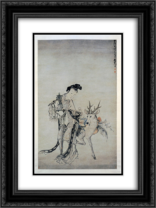 Ma-gu Holding a Vase, with a Deer 18x24 Black Ornate Wood Framed Art Print Poster with Double Matting by Shen, Huang