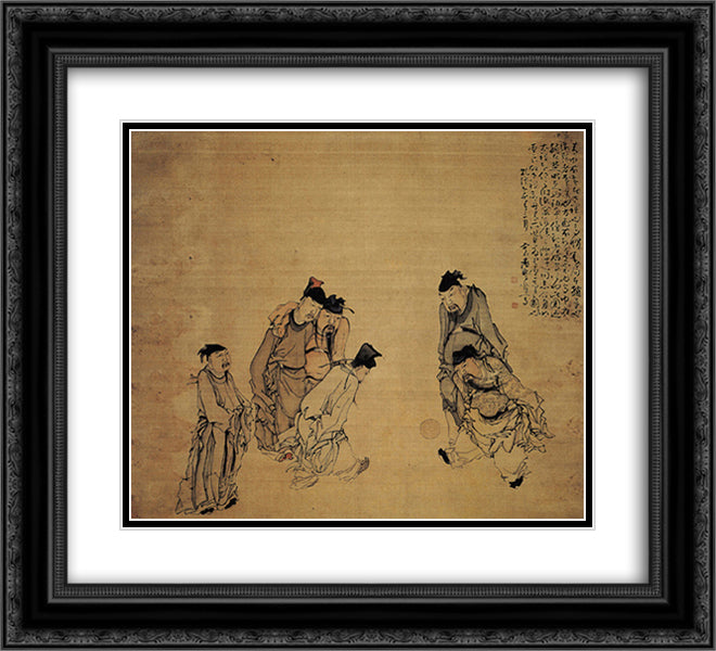 Painting of Cuju 22x20 Black Ornate Wood Framed Art Print Poster with Double Matting by Shen, Huang