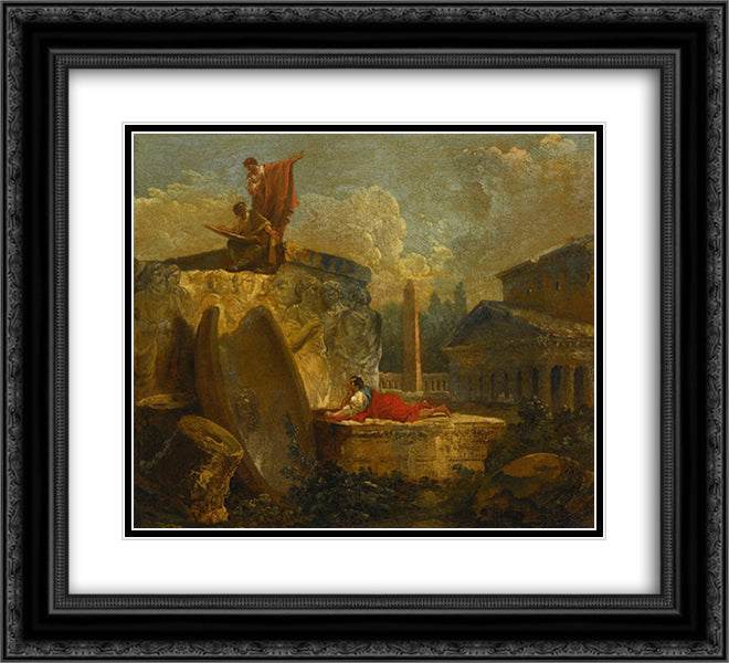 Draughtsmen in a Landscape with Antique Ruins 22x20 Black Ornate Wood Framed Art Print Poster with Double Matting by Robert, Hubert