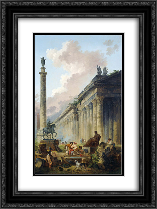 Imaginary View of Rome with Equestrian Statue of Marcus Aurelius, the Column of Trajan and a Temple 18x24 Black Ornate Wood Framed Art Print Poster with Double Matting by Robert, Hubert