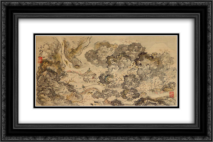 Landscape with Pavilion, Hanging Scroll 24x16 Black Ornate Wood Framed Art Print Poster with Double Matting by no Taiga, Ike