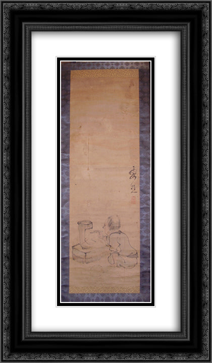 Lighting a charcoal brazier (possibly in preparation for a tea ceremony) 14x24 Black Ornate Wood Framed Art Print Poster with Double Matting by no Taiga, Ike