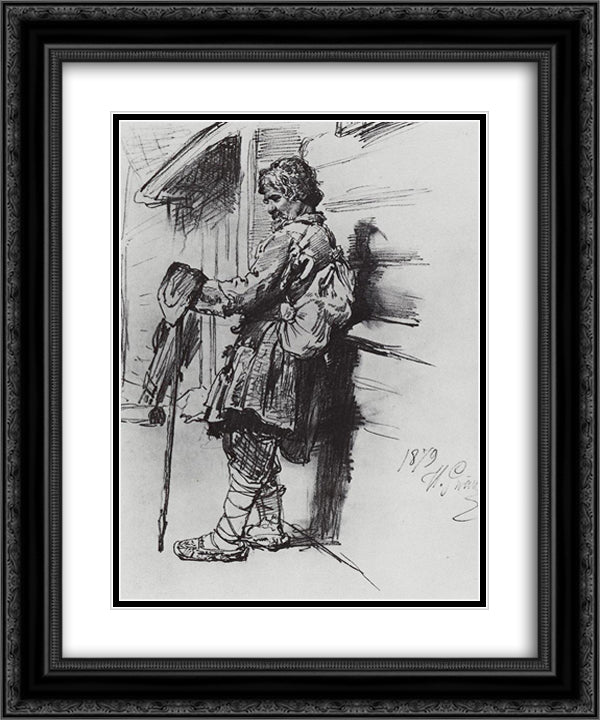 A beggar with a bag 20x24 Black Ornate Wood Framed Art Print Poster with Double Matting by Repin, Ilya
