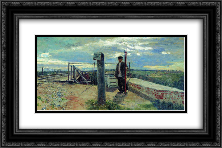 Railway guard. Hotkovo. 24x16 Black Ornate Wood Framed Art Print Poster with Double Matting by Repin, Ilya