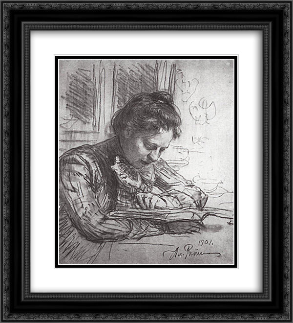 Reading (Portrait of Natalia B. Nordman) 20x22 Black Ornate Wood Framed Art Print Poster with Double Matting by Repin, Ilya