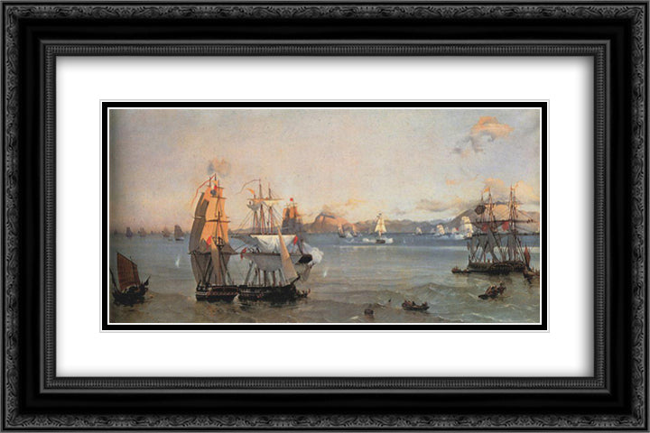 Sea Battle at the Bay of Patrae 24x16 Black Ornate Wood Framed Art Print Poster with Double Matting by Altamouras, Ioannis