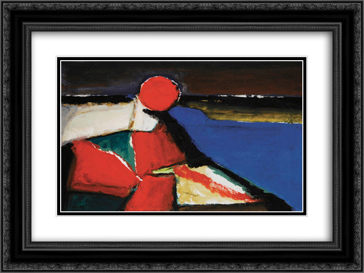 Marina With Red Sun 24x18 Black Ornate Wood Framed Art Print Poster with Double Matting by Pacea, Ion