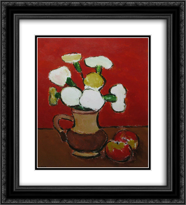 White Flowers and Apples 20x22 Black Ornate Wood Framed Art Print Poster with Double Matting by Pacea, Ion