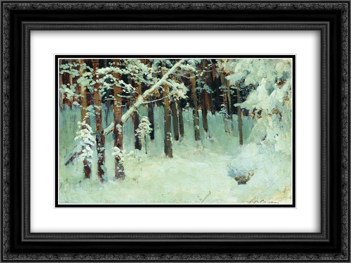Forest in the winter 24x18 Black Ornate Wood Framed Art Print Poster with Double Matting by Levitan, Isaac