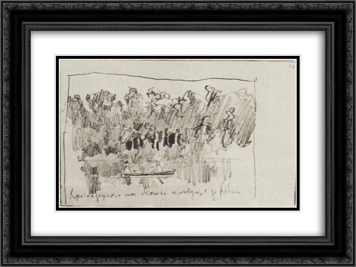 Krivoozersky Monastery. Monks following fish. 24x18 Black Ornate Wood Framed Art Print Poster with Double Matting by Levitan, Isaac