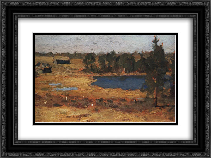 Lake. Barns at the forest edge. 24x18 Black Ornate Wood Framed Art Print Poster with Double Matting by Levitan, Isaac
