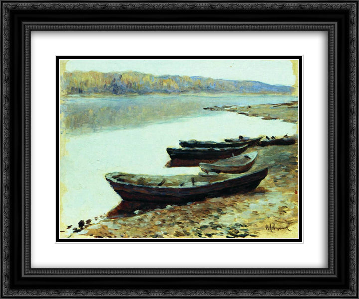 Landscape on Volga. Boats by the Riverbank. 24x20 Black Ornate Wood Framed Art Print Poster with Double Matting by Levitan, Isaac