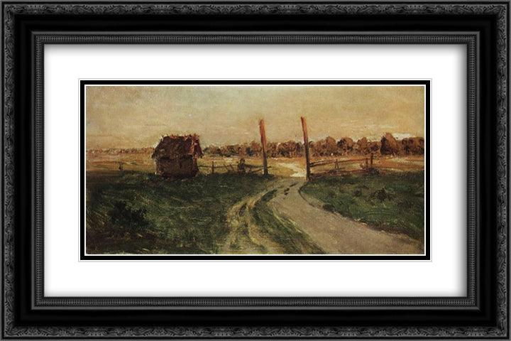 Landscape with an isba. 24x16 Black Ornate Wood Framed Art Print Poster with Double Matting by Levitan, Isaac