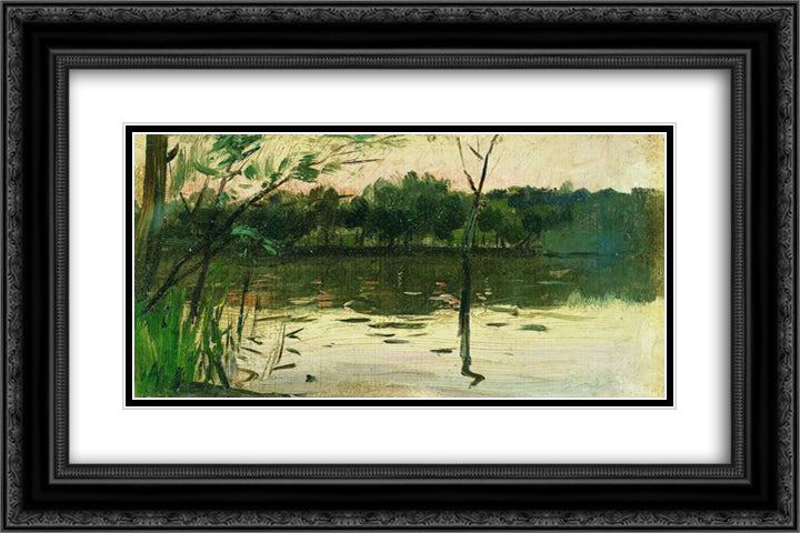 Landscape with pink sunset 24x16 Black Ornate Wood Framed Art Print Poster with Double Matting by Levitan, Isaac