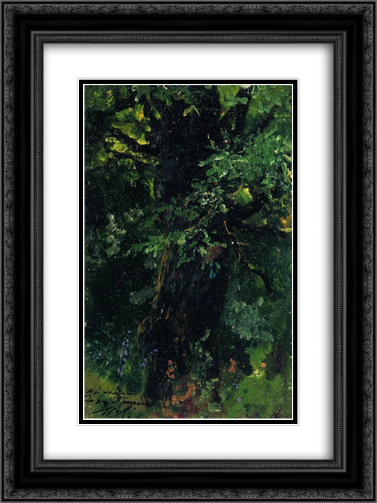 Oak trunk in early summer 18x24 Black Ornate Wood Framed Art Print Poster with Double Matting by Levitan, Isaac