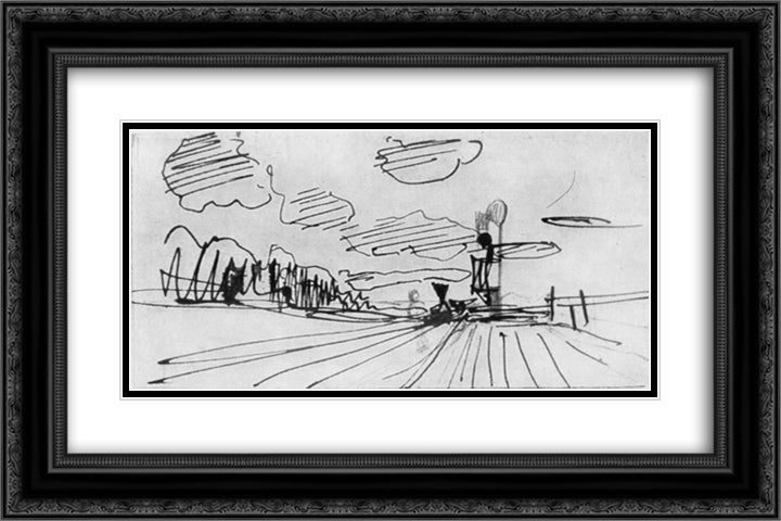 Platform. The approaching train. 24x16 Black Ornate Wood Framed Art Print Poster with Double Matting by Levitan, Isaac