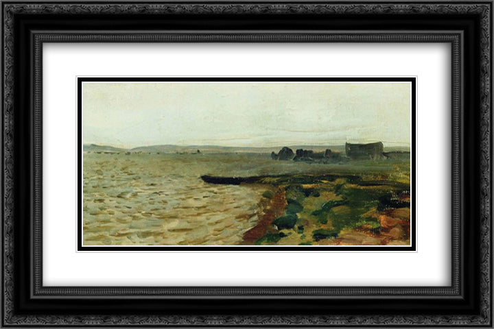 Riverbank 24x16 Black Ornate Wood Framed Art Print Poster with Double Matting by Levitan, Isaac