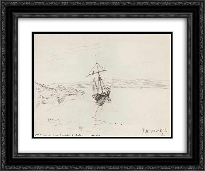 Schooner in bay 24x20 Black Ornate Wood Framed Art Print Poster with Double Matting by Levitan, Isaac