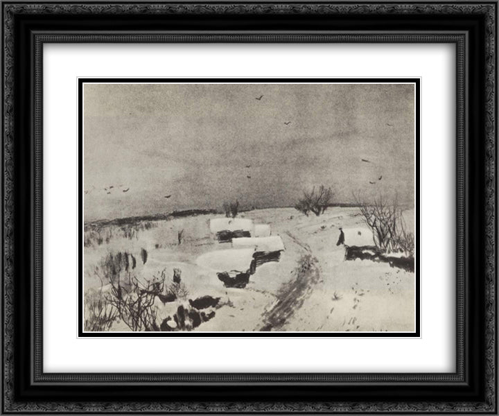 Small village under the snow 24x20 Black Ornate Wood Framed Art Print Poster with Double Matting by Levitan, Isaac