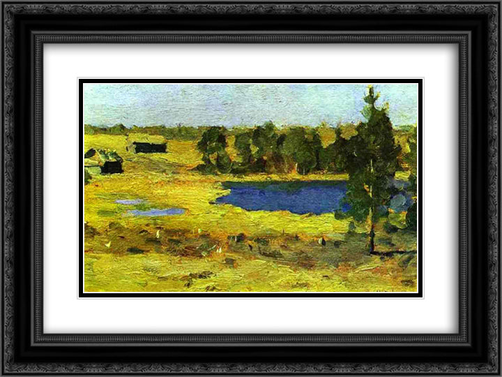 The Lake. Barns at the edge of forest. 24x18 Black Ornate Wood Framed Art Print Poster with Double Matting by Levitan, Isaac
