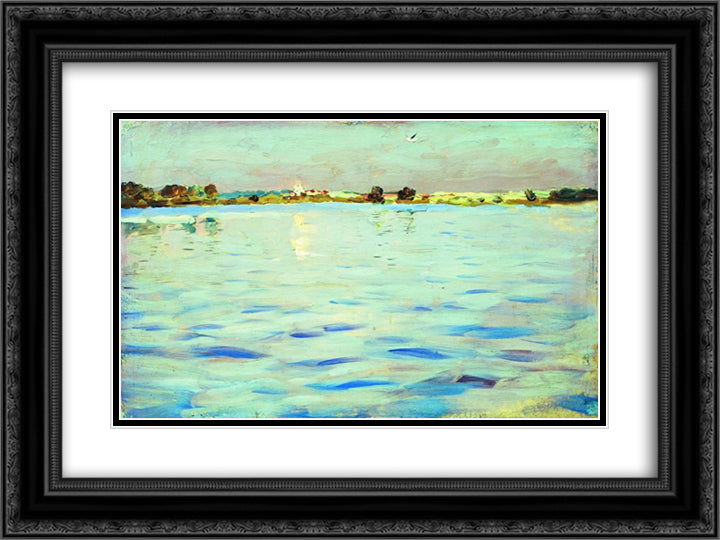 The last rays of the sun. A lake. 24x18 Black Ornate Wood Framed Art Print Poster with Double Matting by Levitan, Isaac