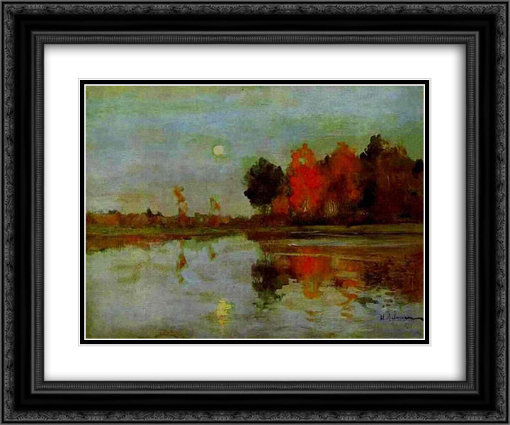 The Twilight. Moon. 24x20 Black Ornate Wood Framed Art Print Poster with Double Matting by Levitan, Isaac