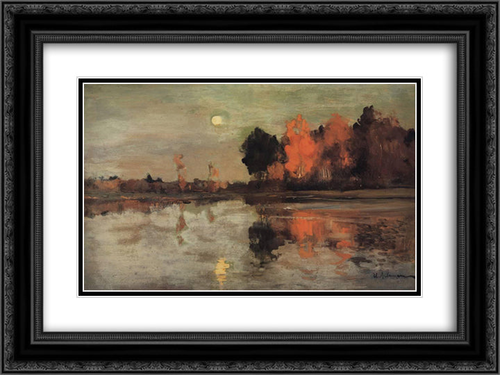 Twilight. Moon. 24x18 Black Ornate Wood Framed Art Print Poster with Double Matting by Levitan, Isaac