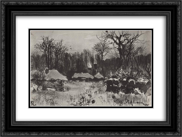 Village. Early spring. 24x18 Black Ornate Wood Framed Art Print Poster with Double Matting by Levitan, Isaac