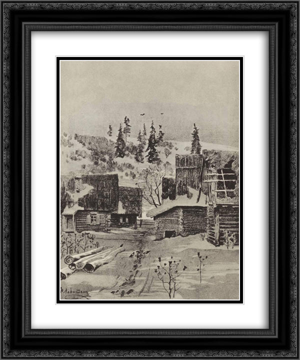 Village 20x24 Black Ornate Wood Framed Art Print Poster with Double Matting by Levitan, Isaac