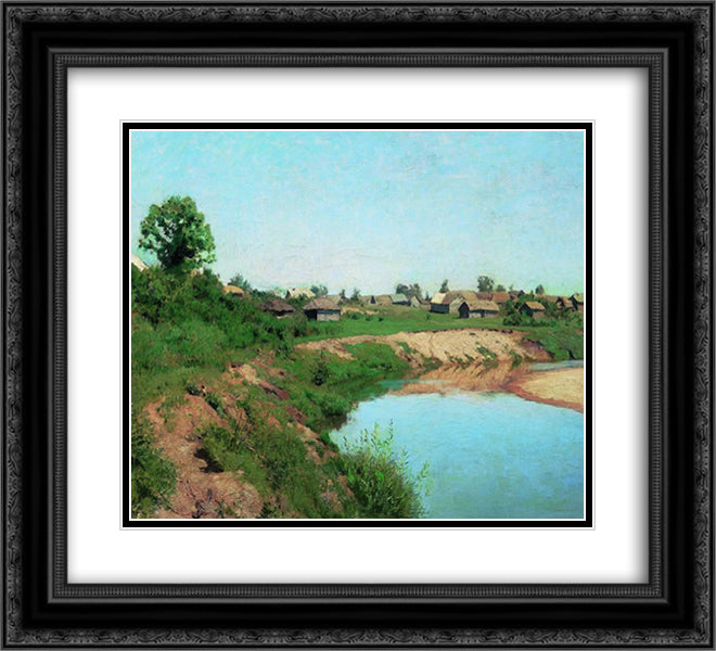 Village at the riverbank 22x20 Black Ornate Wood Framed Art Print Poster with Double Matting by Levitan, Isaac