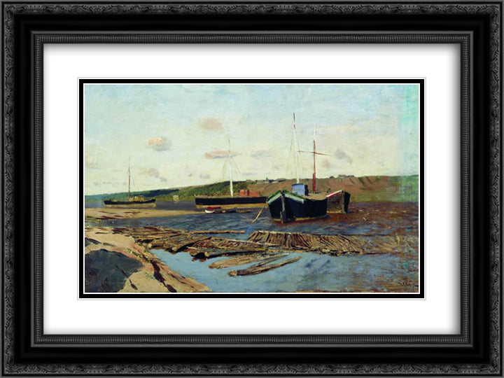 Volga. Barges. 24x18 Black Ornate Wood Framed Art Print Poster with Double Matting by Levitan, Isaac