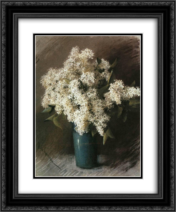 White Lilac 20x24 Black Ornate Wood Framed Art Print Poster with Double Matting by Levitan, Isaac