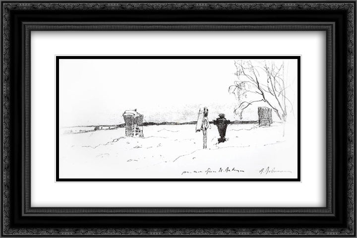 Winter landscape. Cemetery. 24x16 Black Ornate Wood Framed Art Print Poster with Double Matting by Levitan, Isaac