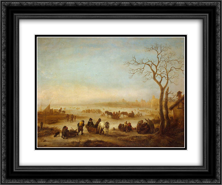 A Frozen Lake 24x20 Black Ornate Wood Framed Art Print Poster with Double Matting by Ostade, Isaac van