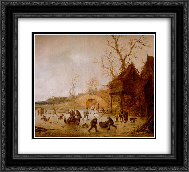 A Winter Landscape with Skaters, Children Playing Kolf and Figures with Sledges on the Ice near a Bridge 22x20 Black Ornate Wood Framed Art Print Poster with Double Matting by Ostade, Isaac van