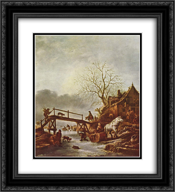 A Winter Scene 20x22 Black Ornate Wood Framed Art Print Poster with Double Matting by Ostade, Isaac van