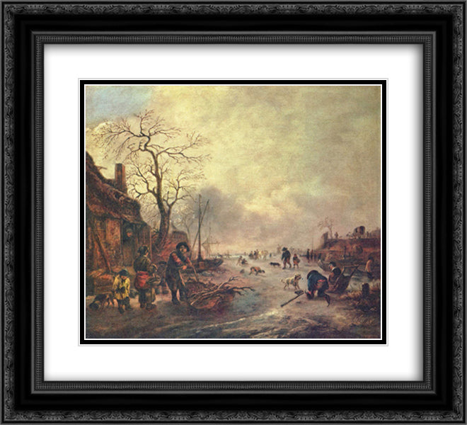 Amusement on the Ice 22x20 Black Ornate Wood Framed Art Print Poster with Double Matting by Ostade, Isaac van