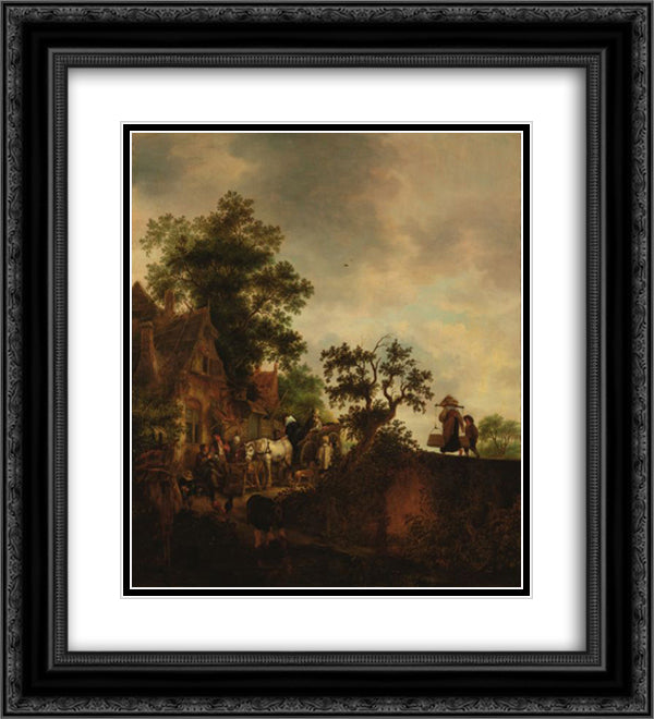 Travellers Halting at an Inn 20x22 Black Ornate Wood Framed Art Print Poster with Double Matting by Ostade, Isaac van