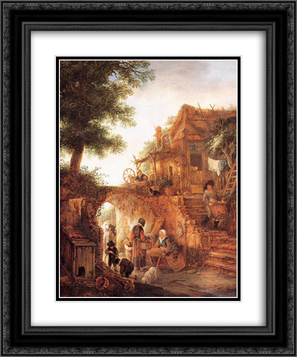 Woman Selling Fruit by a Cottage 20x24 Black Ornate Wood Framed Art Print Poster with Double Matting by Ostade, Isaac van
