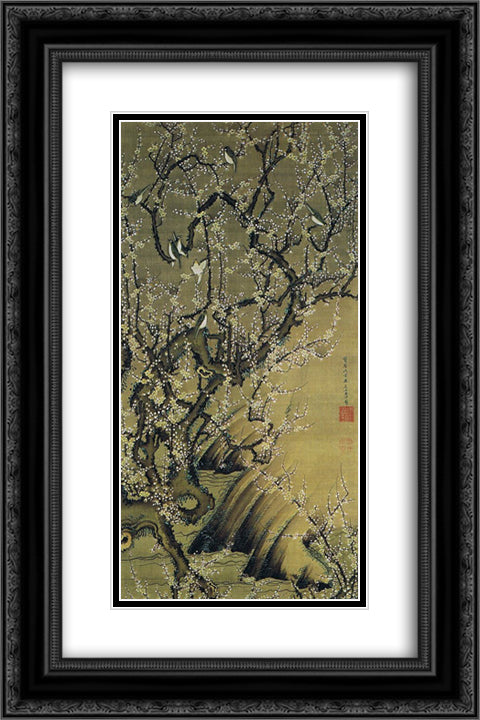 Baika shokinzu 16x24 Black Ornate Wood Framed Art Print Poster with Double Matting by Jakuchu, Ito