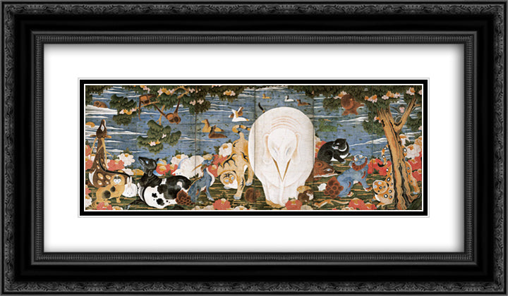 Birds, Animals, and Flowering Plants in Imaginary Scene 24x14 Black Ornate Wood Framed Art Print Poster with Double Matting by Jakuchu, Ito