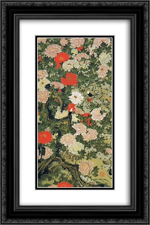 Botan shoukinzu 16x24 Black Ornate Wood Framed Art Print Poster with Double Matting by Jakuchu, Ito