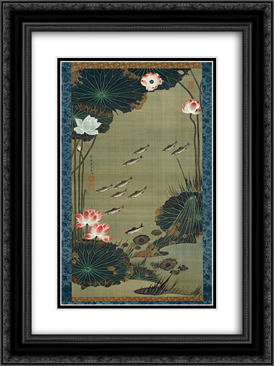 Lotus Pond and Fish 18x24 Black Ornate Wood Framed Art Print Poster with Double Matting by Jakuchu, Ito