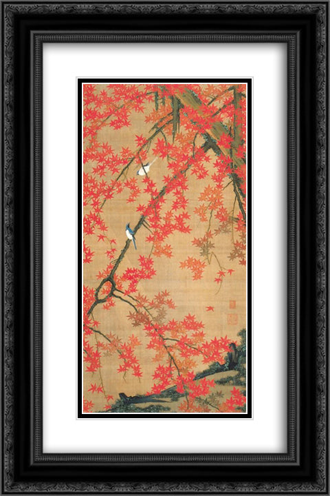 Maple Tree and Small Birds 16x24 Black Ornate Wood Framed Art Print Poster with Double Matting by Jakuchu, Ito