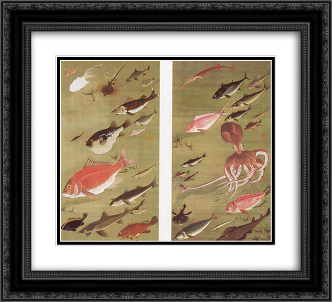 Octopus and Fish 22x20 Black Ornate Wood Framed Art Print Poster with Double Matting by Jakuchu, Ito